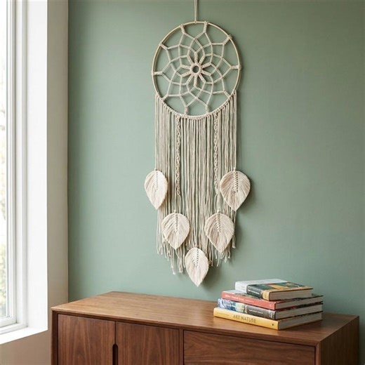 Large Macrame Dream Catcher Wall Hanging - Boho Feather & Leaf Decor, Woven Cotton Tapestry, Nursery Wall Art, Bedroom Decoration - Etsy