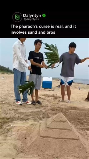 Dalyntyn on Instagram: "😂 Our friend group takes sandcastle construction very seriously. 🗿 Meet the new Pharoah of the Beach, eternally resting in his custom pyramid tomb, complete with the royal palm leaf ceremony. Tag your friends who would leave you buried like this! 😂 🎥 @thangtibeo/Threads #Dalyntyn #BeachDay #SandBurial #SandArt #Sandcastle #FriendshipGoals #FunnyVideo #BrosBeingBasic #Egyptian #Meme #TravelHumor"
