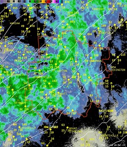 This evening's radar loop shows showers advancing east, accompanied by increasing southerly winds. Gusts around 40 mph are likely later tonight ahead of a cold front. | US National Weather Service Wilmington OH