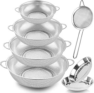 Colander Stainless Steel, 7 Piece Strainers and Colanders Set, Mesh Strainer Net Baskets with Handles, 2 Stainless Steel Plates and Fine Mesh Strainer for Kitchen Food Strain Drain Rinse Cooking