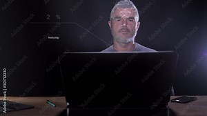 computer facial recognition system man opens laptop get face detection scanning to access