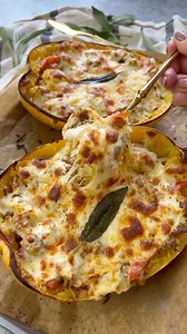Roasted Spaghetti Squash with Italian Sausage, Peppers, onions and Cheesy Béchamel Topping- I honestly never knew spaghetti squash could be so delicate and delicious, I guess all it takes it to cook the squash perfectly Al dente and pair it well caramelized sausage and veggies and top it with cheesy béchamel to bring it to the next level! Ingredients: 1 spaghetti squash 2 tbs olive oil 1/2 tsp salt Black pepper, to taste 2 sage leaves 1/2 cup cheddar, freshly grated 1/2 cup mozzarella, freshly g