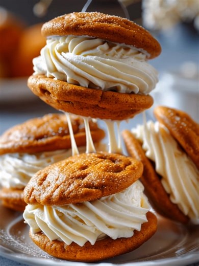 Maple Pumpkin Whoopie Pies Hook: Soft spiced pumpkin cookies sandwiching a silky maple cream filling — cozy fall flavor in every bite! Yield: 10–12 whoopie pies | Temp: 350°F (175°C) | Time: 30 minutes total Key Ingredients First: 1 cup pumpkin purée (not pumpkin pie mix) 1 cup brown sugar ................................. Full Recipe in First Cօʍʍеոτ 👇 | Slice of Heaven