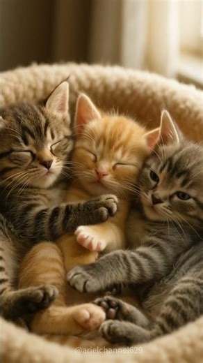 Triple the Cuteness: Kittens Snuggling in a Cat Bed 💕