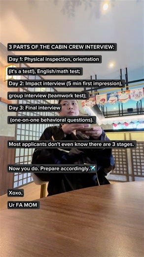 3 PARTS OF THE CABIN CREW INTERVIEW: Day 1: Physical inspection, orientation (it's a test!), English/math test; Day 2: Impact interview (5 min first impression), group interview (teamwork test); Day 3: Final interview (one-on-one behavioral questions). Most applicants don't even know there are 3 stages. Now you do. Prepare accordingly. #cabincrewinterviewstages