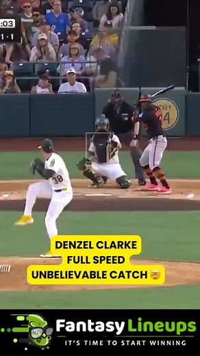 DENZEL CLARKE at FULL SPEED delivers an UNBELIEVABLE CATCH! 🤯 What a play! #DenzelClarke #FullSpeed #UnbelievableCatch #Baseball #SportsHighlights | FantasyLineups.com