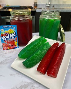The pickles are soaked in kool-aid. It's weird but delicious! 😋 | Definitely Not Gourmet