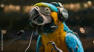 A vibrant robotic parrot with a headset, poised to translate speeches, showcases linguistic prowess