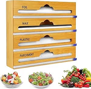 Bamboo 4 in 1 Saran Wrap Dispenser with Cutter & Labels - Foil & Plastic Wrap Organizer - Aluminum Foil Wax & Parchment Wrapping Paper Storage for Kitchen Drawer - 12" Roll