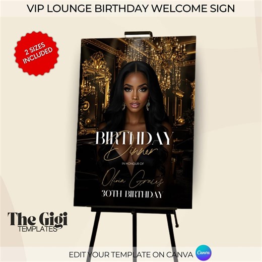 Luxury Black & Gold Birthday Dinner Welcome Sign, VIP Lounge Party Event Poster, Printable Party Entrance Sign, Canva Template - Etsy