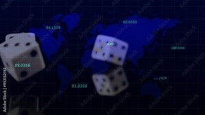 World map with numbers and dice rolling animation over blue grid background Stock Video