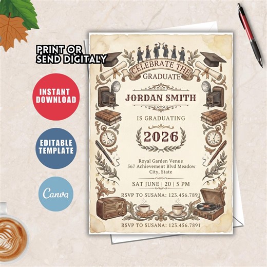 Retro Graduation Invitaiton 2026: Senior Grad Party Invite Canva Editable - Etsy UK