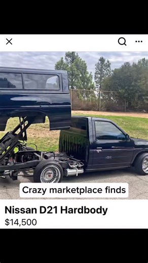 Crazy marketplace finds on Instagram: "Would you buy this Nissan d21? Got a Marketplace find worth sharing? Drop us the link in a message. This 1992 Nissan D21 Hardbody is a solid pickup with a fresh look, painted in a sleek original blue with cool pinstripes. It’s running in good condition, recently upgraded with new tires and shiny 15x8” chrome McLean wheels. Despite the listing claiming low miles, it’s actually logged 173,500 miles—still a trooper for its age! The truck boasts a new radiator,