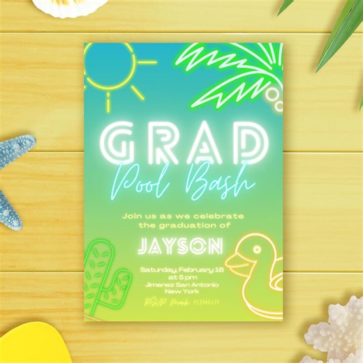 Grad Pool Bash - Pool Party Neon Editable Digital Invitation Digital Template - Lime Green - Summer Invite - Instant Download - Etsy