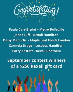 Congratulations to the winners in the September contest. These five members have each won a $250 Rexall gift card. Paula Carr-Braint – Metro Belleville Janet Luff – Rexall Brampton Daisy Manliclic - Maple Leaf Foods London Carmela Drage – Lococos Hamilton Patty Kastoff – Rexall Chatham Keep watching for what we are giving away next. ---------- Accessibility description - Graphic illustration of congratulations script and hands clapping along bottom border. Text in caption. --------- | UFCW Local