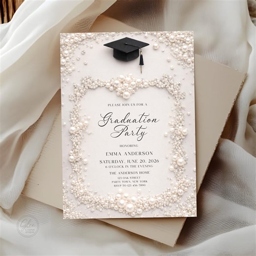 Elegant Pearl Graduation Party Invitation Template, Editable Corjl - Etsy