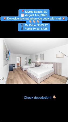 Looking for the best deal in Myrtle Beach? ☀️ Why pay public pricing when you don’t have to? Lock in your vacation early and give yourself something amazing to look forward to. Relaxation starts the moment you book. 🏖️ ✨ FIFTH AND OCEAN 📍 Myrtle Beach, SC 🗓️ August 1–5, 2026 💥 Exclusive savings when you book with me! 💥 👇🏼👇🏼👇🏼 💲 My Price: $655.27 💲 Public Price: $728 Smart planning = a smoother vacation experience. 📩 Send me a message today to secure this deal and get your summer tr