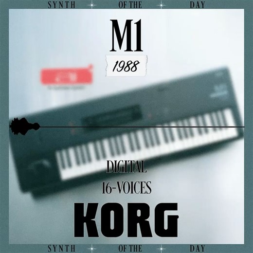 Synth of the Day on Instagram: "M1 [1988] The Korg M1 is an iconic digital synthesizer workstation that is often considered one of the best-selling synthesizers of all time. The M1 features built-in “AI Synthesis” for full digital generation and processing using 4MB of PCM sampled and synthesized waveforms which can be shaped using analog-style editing. The M1 includes a 61-note velocity- and aftertouch-sensitive keyboard, 8-channel multitimbrality, 16-note polyphony with 1-oscillator Programs (