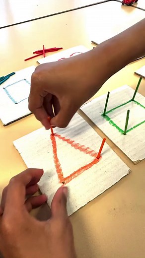 MATCHSTICK SHAPES Draw coloured shapes onto cardboard pieces. Make small holes (I used a letter opener) for craft matchsticks to be poked into. Use these to learn colours, shapes and counting whilst building fine motor skills. Encourage use of a tripod grasp with fourth and fifth fingers curled into the palm. Encourage use of the helper hand to hold the cardboard. Toddlers will love to do this over and over. Preschoolers can learn to draw the shapes. Also suitable for older children who have a d