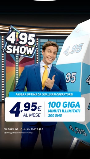 🎉 Solo 4,95€/mese per 100 GIGA! Minuti illimitati 200 SMS con Optima Mobile ✅ Passa da qualsiasi operatore ✅ -10€ su costo SIM se attivi online ✅ Porta un amico = 1 mese GRATIS ✅ Opzione 5G disponibile 📦 Spedizione gratuita 👉 Attiva ora #offertamobile | Optima Italia
