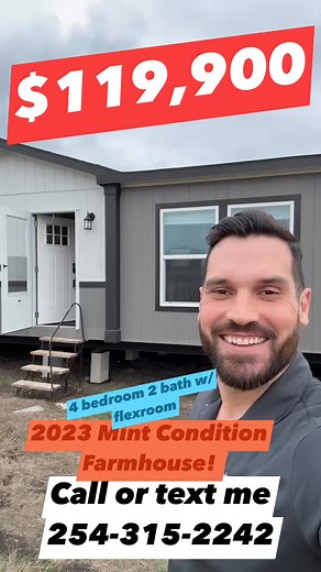 2.9K views · 33 reactions | 睊2023 Repo Farmhouse $119,900. Add for delivery and setup costs . EZ financing. 4 bed 2 bath w/ flex room . Call or text me 254-315-2242 for more info or other options #landowners #firsttimehomebuyer #PalmHarborHomes #texas #Oklahoma #cavcohomes #NewMexico #repossessions #manufacturedhomes #ClaytonHomes | Palm Harbor Homes of Central Texas | Facebook