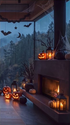 Halloween Ambience LIVE 🎃 | Rain & Fireplace