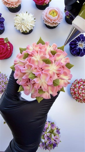 Piping a two-toned buttercream hydrangea cupcake 🌸💕🧁 #cupcakedecorating #cupcakeideas #floralcupcakes #buttercreamflowers #hydrangea