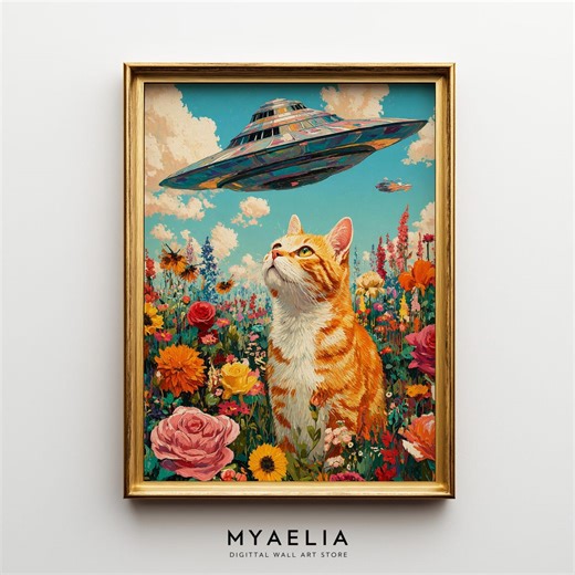 UFO Poster Alien Spaceship Cat Wall Art Retro Space Print Funny Cat Lover Gift - Etsy