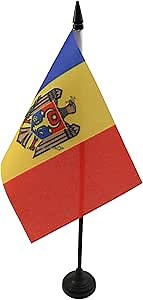 Moldova Table Flag 4'' x 6'' - Moldovan Desk Flag 15 x 10 cm - Black plastic stick and base - AZ FLAG