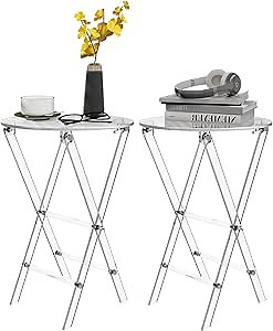 Folding TV Tray Table - 23" High Acrylic Table, Foldable Desk for Small Spaces, Living Room, Bedroom, TV Dinner Table with Easy Assembly, 2PCS Transparent Round Tray