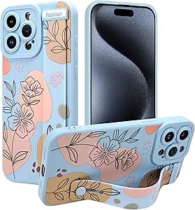 Case for iPhone 15 Pro Max Silicone Phone Case with Strap for Women Girls Cute Floral Flowers Pattern, Adjustable Soft Finger Strap Kickstand Protective Cover, Blue
