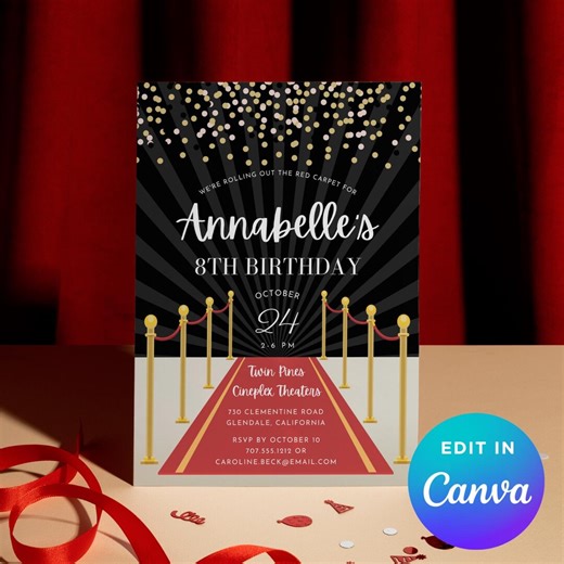 Hollywood Red Carpet Birthday Invitation | Movie Night Birthday Party Invite | Canva Printable - Etsy