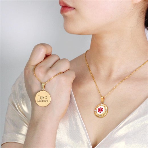 18K Gold Plated Medical Alert Necklace | Round Red EMS Symbol Pendant With Zircon Stones | Custom Engraved Emergency Contact ID Jewelry - Etsy