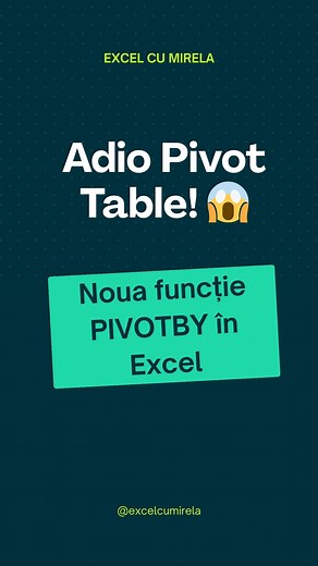PIVOTBY – funcția care înlocuiește Pivot Table în Excel Dacă folosești Excel zi de zi, trebuie să vezi asta 👇 Microsoft a introdus funcția PIVOTBY în Excel 365 — o formulă care face exact ce facea un Pivot Table, dar mult mai rapid și curat. Am făcut un scurt demo ca să vezi cum funcționează și cum îți poate salva timp în raportări. 💡 Excel devine tot mai inteligent! #Excel #PIVOTBY #DataAnalysis #ExcelTips #Office365 #productivitytips Vrei sa fi mai productiv in Excel comanda deskmat Excel cu