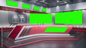 Tv Studio. Studio. News studio. Newsroom Background for News Broadcasts. Blurred of studio at TV station. News channel design. Control room. 3D rendering. Green screen