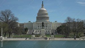 spring morning view of the us capitol building and the reflecting pool in washington d.c.