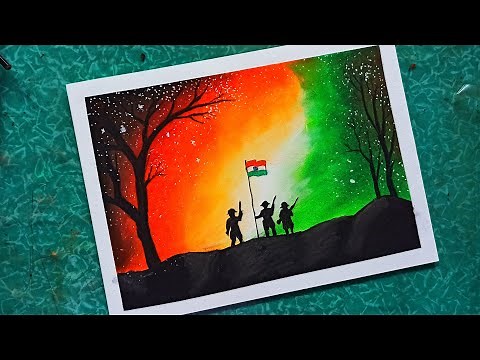Indian army soldier with flag scenery drawing - republic day drawing easy