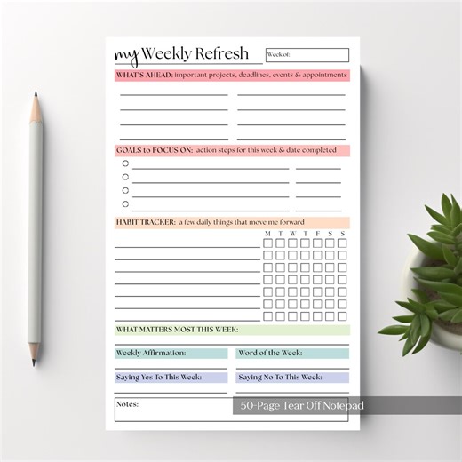 My Weekly Refresh Self-Care Planner Notepad: A5 Portable Size, 50 Page Tear Off Style