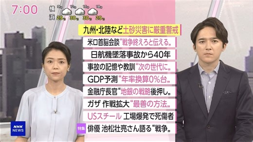 NHK おはよう日本　8月12日(火) 日航機墜落４０年 遺族の歩み・ＧＤＰ停滞予想 複合的要因・以 戦線拡大を正当化 非難続々・終戦８０年ドラマ 製作秘話 他