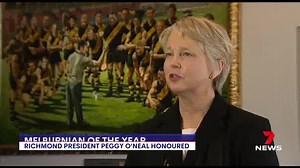 Richmond FC president Peggy O’Neal has been crowned Melburnian of the year. The prominent businesswoman received the honour for her work advocating for women in leadership roles. 7NEWS at 6pm | More local news: www.7news.com.au/news/vic #7NEWS | 7NEWS Melbourne