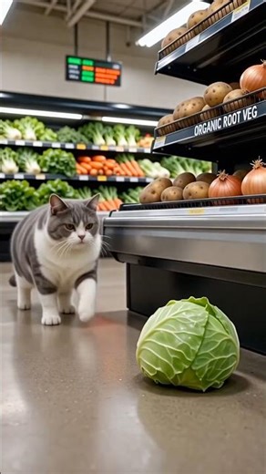 猫、床のキャベツに気づく#猫 #猫コメディ #実写風猫 #二足歩行猫#スーパー #野菜売り場 #日常あるある#ショート動画 #癒し