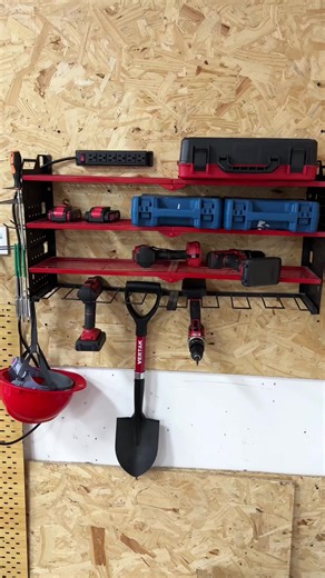 Save time every day with this tool rack that keeps all your tools charged and ready to go #ToolRack #TimeSaver #ChargingStation #GarageOrganization #PowerTools