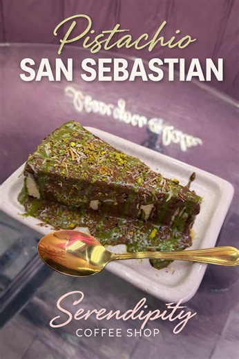 Pistachio San Sebastian 💚🍰 Creamy San Sebastian cheesecake loaded with pistachio sauce, chocolate drizzle & crushed pistachios. One bite and you’re hooked. 📍 Serendipity Coffee Shop