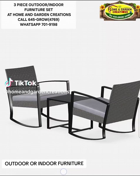 NEW ARRIVALS!! SET OF 3- 2 ROCKING CHAIRS WITH 1 GLASS COFFEE TABLE & 2 GRAY CUSHIONS $1430 WEIGHT CAPACITY 280 LBS (CHAIR) 125LBS (TABLE), PREMIUM POLYETHYLENE RATTAN AND A ROBUST METAL FRAME ROCKING CHAIRS MEASURE 33.8 L X 22.5 W X 22.5 H & COFFEE TABLE IS 16 L X 16 W X 16 H • Complete Set: Includes two rocking chairs, a tempered glass tea table, 2 cushions and all necessary screws and hardware for assembly. • Durable Construction: Features premium PE rattan and a robust metal frame, designed 