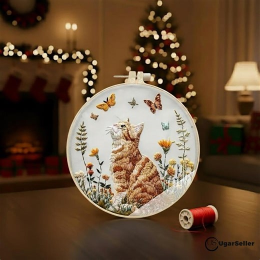 初心者向けDIY猫刺繍キット｜花柄子猫のニードルポイントアート｜手縫いクラフトフープの完全パターン｜ギフトに最適 - Etsy 日本