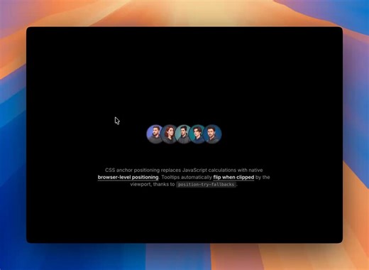 One of my favourites latest CSS property is 𝚊𝚗𝚌𝚑𝚘𝚛 𝚙𝚘𝚜𝚒𝚝𝚒𝚘𝚗𝚒𝚗𝚐.𝚝𝚛𝚒𝚐𝚐𝚎𝚛 { 𝚊𝚗𝚌𝚑𝚘𝚛-𝚗𝚊𝚖𝚎: --𝚝𝚒𝚙;}.𝚝𝚘𝚘𝚕𝚝𝚒𝚙 { 𝚙𝚘𝚜𝚒𝚝𝚒𝚘𝚗: 𝚏𝚒𝚡𝚎𝚍; 𝚙𝚘𝚜𝚒𝚝𝚒𝚘𝚗-𝚊𝚗𝚌𝚑𝚘𝚛: --𝚝𝚒𝚙; 𝚙𝚘𝚜𝚒𝚝𝚒𝚘𝚗-𝚊𝚛𝚎𝚊: 𝚝𝚘𝚙 𝚌𝚎𝚗𝚝𝚎𝚛; 𝚙𝚘𝚜𝚒𝚝𝚒𝚘𝚗-𝚝𝚛𝚢-𝚏𝚊𝚕𝚕𝚋𝚊𝚌𝚔𝚜: 𝚏𝚕𝚒𝚙-𝚋𝚕𝚘𝚌𝚔;}Eliminates complex javascript logic or positioning, improved performance.Best part is the smart repositioning to avoid overflowSimple, clean solution!