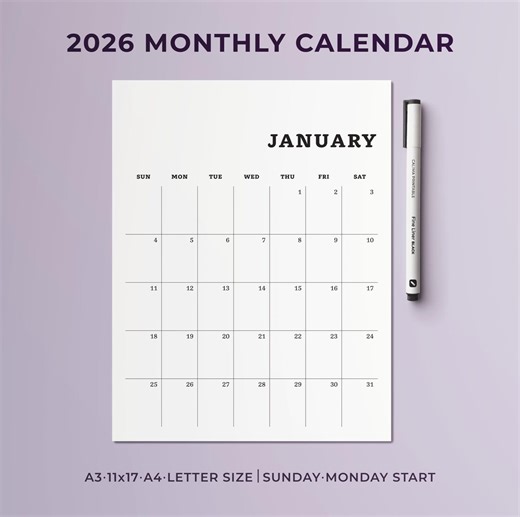 2026 Monthly Calendar Printable: Minimalist Portrait Planner (11x17 Letter A3 A4) PDF - Etsy France