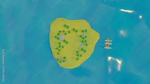 sailing frigate sails on the sea around the island with palm trees. low poly landscape. looped animation. 3d render