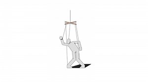 White puppet struggling for freedom 2D character animation. Authoritative power. Psychological controlled hanging subordinate figure animated marionette cartoon 4K isolated on white transparent