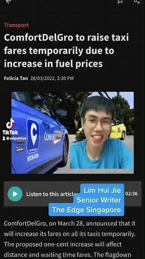 ComfortDelGro Increases Taxi Fares in Singapore